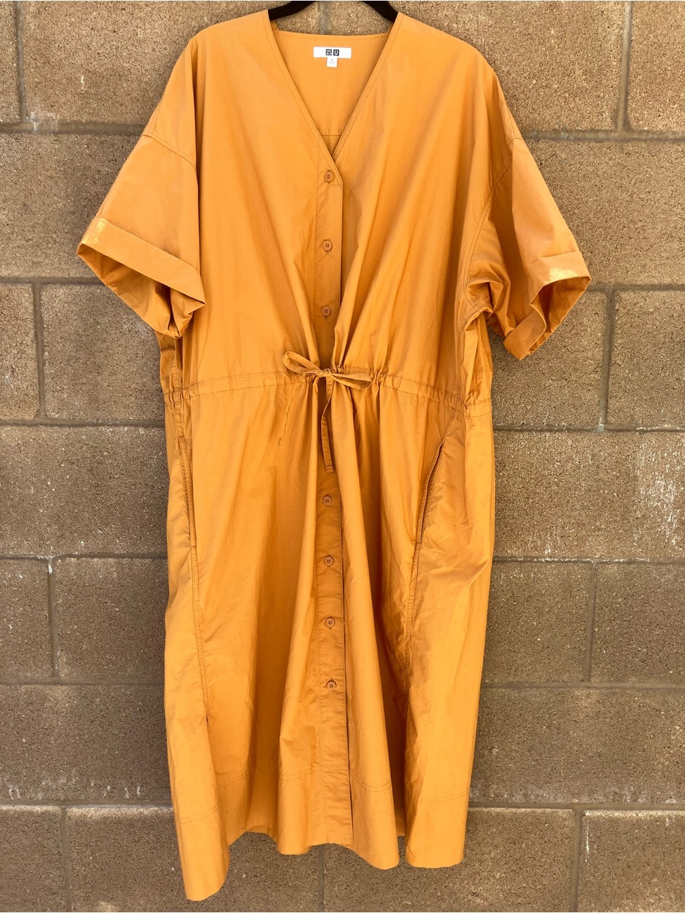 Uniqlo U V-Neck Button-Front Dress in Mustard Orange